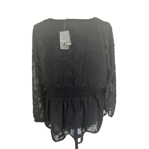 TORRID Peplum Chiffon Clip Floral Blouson Sleeve Top Size 1X 14-16 Black NWT - Picture 8 of 10